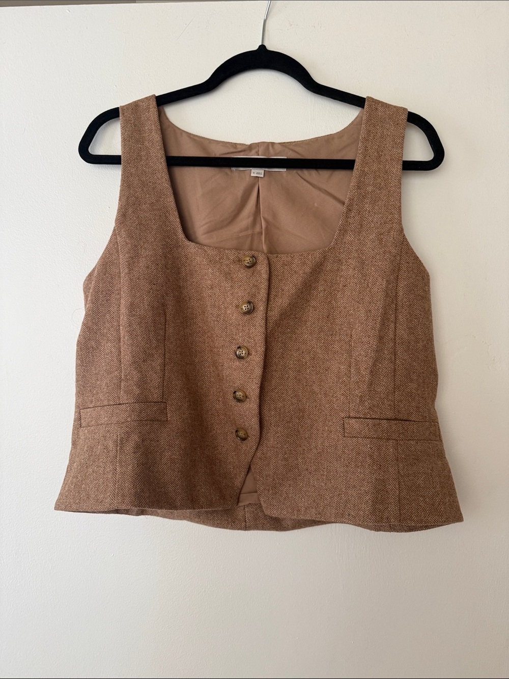 Tan Tweed Button-Front Women's Vest Jacket